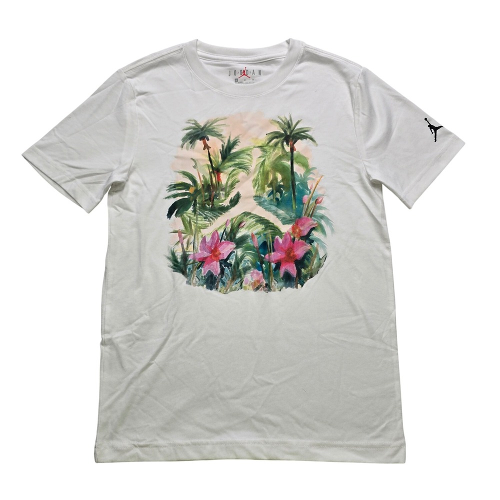 Jordan Kids Medium Tropical Watercolor Jumpman Graphic T-Shirt White Summer Tee